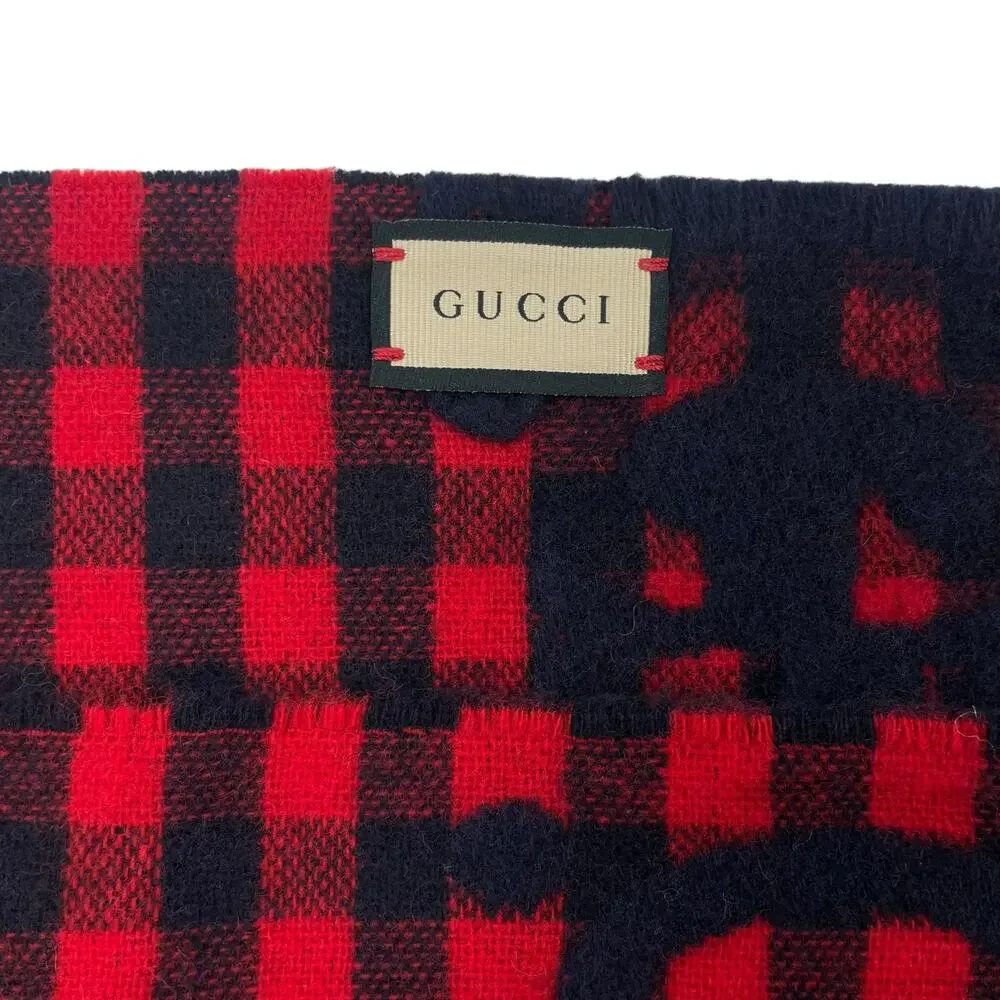 Gucci Diamcheck GG Logo Monogram Wool Jacquard Scarf Red Black 94